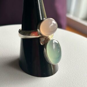 925 Silver Ring Aqua Chalcedony and Pink Quartz